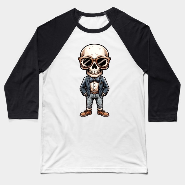 Preppy Skeleton - Colour Cartoon Baseball T-Shirt by Quirk Print Studios 